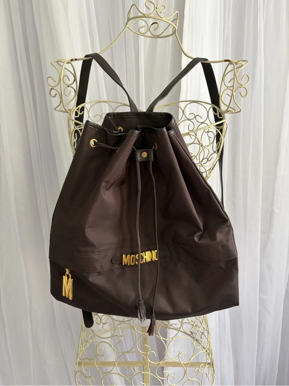 Moschino Brown Nylon Drawstring Backpack with Gold Hardware